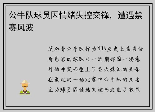 公牛队球员因情绪失控交锋，遭遇禁赛风波